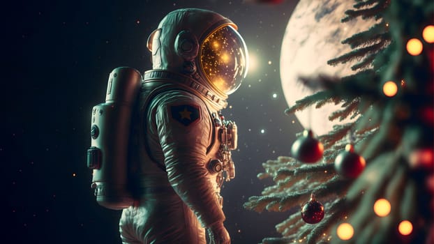 unrecognizable astronaut stands next to decorated christmas tree, neural network generated art. Digitally generated image. Not based on any actual person, scene or pattern.