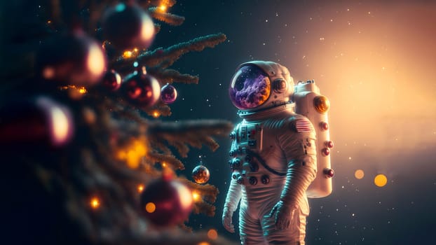 unrecognizable cosmonaut in white space suit stands next to a decorated christmas tree, neural network generated art. Digitally generated image. Not based on any actual person, scene or pattern.