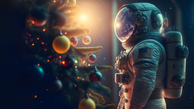 unrecognizable astronaut stands next to decorated christmas tree, neural network generated art. Digitally generated image. Not based on any actual person, scene or pattern.