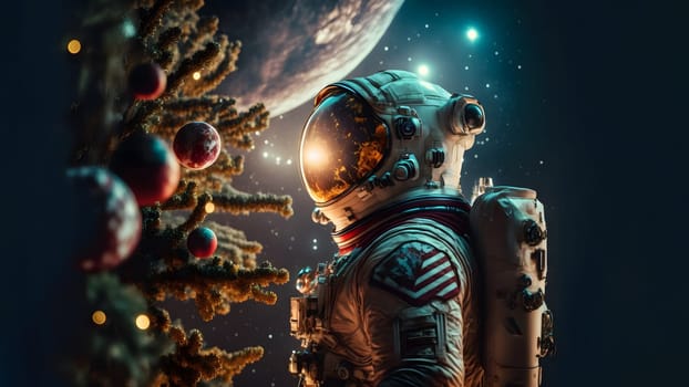 unrecognizable astronaut near decorated christmas tree, neural network generated art. Digitally generated image. Not based on any actual person, scene or pattern.