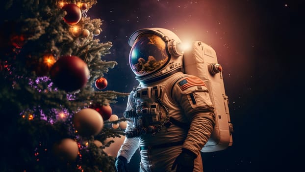 unrecognizable astronaut near decorated christmas tree, neural network generated art. Digitally generated image. Not based on any actual person, scene or pattern.