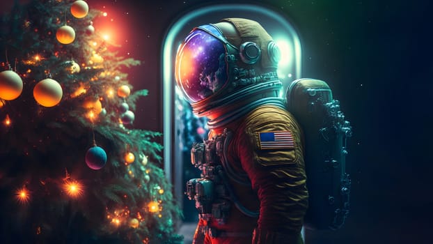 unrecognizable astronaut near decorated christmas tree, neural network generated art. Digitally generated image. Not based on any actual person, scene or pattern.