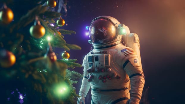 unrecognizable astronaut stands next to decorated christmas tree, neural network generated art. Digitally generated image. Not based on any actual person, scene or pattern.