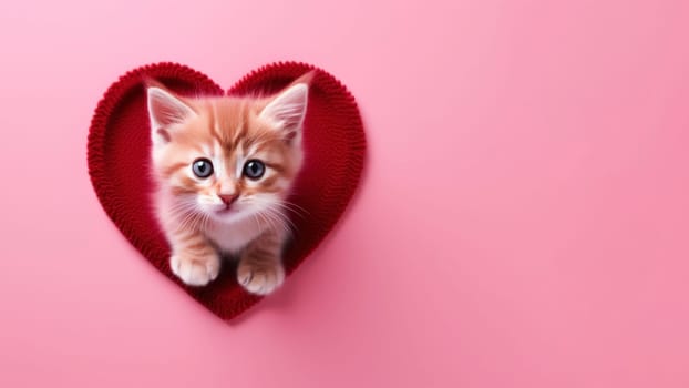 A cute and attractive kitten surrounded by a red heart on a pink background evokes the sweetness of Valentine's Day, perfect for banners or heartfelt greeting cards