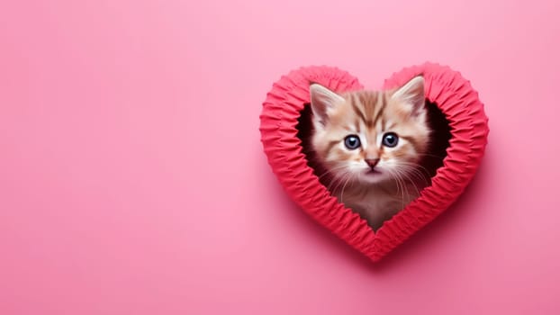 A cute and attractive kitten surrounded by a red heart on a pink background evokes the sweetness of Valentine's Day, perfect for banners or heartfelt greeting cards