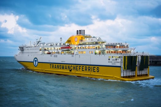 DIEPPE, FRANCE - FEBRUARY 02, 2019: Yellow Transmanchferry of Dieppe in the Atlantic ocean from France to England