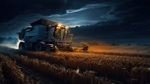 combine harvesting ripe wheat at night in the dark, timely harvest concept, food crisis, agricultural problems, high quality photo
