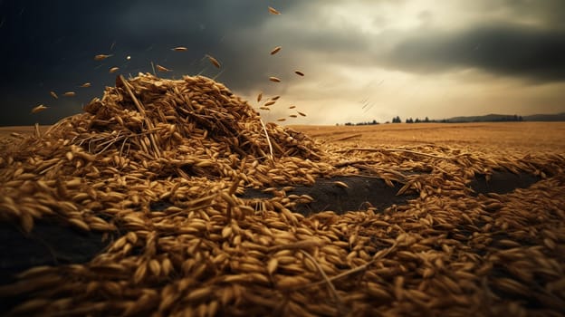 ripe ears of wheat thrown into the field and soaked in the rain, untimely harvest, food crisis, neglect of bread, high-quality photography