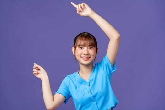 Asian young beautiful woman with hand gesture, show the expression of interesting,