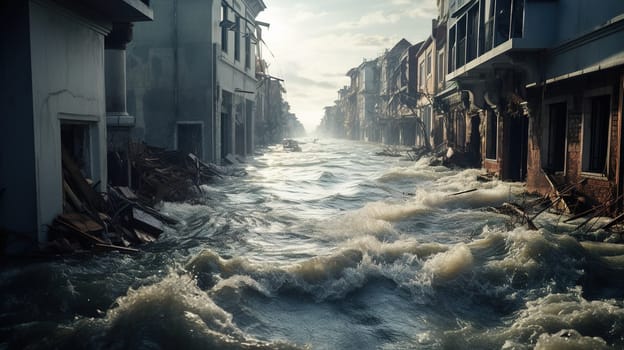 Flooded city streets after heavy rains, City flooded after an earthquake, damaged destroyed houses, post-apocalyptic cityscape,high quality photo