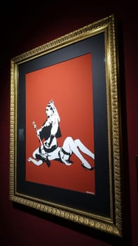 Stockholm, Sweden, December 29 2023. Art exhibition. The mystery of Banksy A genius mind. The queen.
