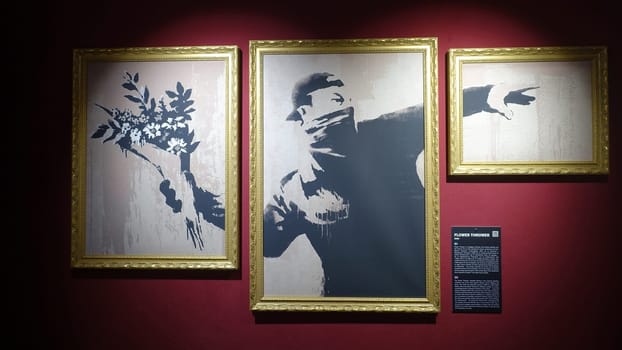 Stockholm, Sweden, December 29 2023. Art exhibition. The mystery of Banksy A genius mind. Thrower.