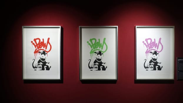 Stockholm, Sweden, December 29 2023. Art exhibition. The mystery of Banksy A genius mind. Mice.