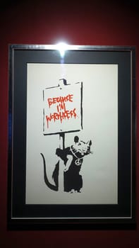 Stockholm, Sweden, December 29 2023. Art exhibition. The mystery of Banksy A genius mind. Mouse.