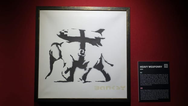 Stockholm, Sweden, December 29 2023. Art exhibition. The mystery of Banksy A genius mind. Elephant.