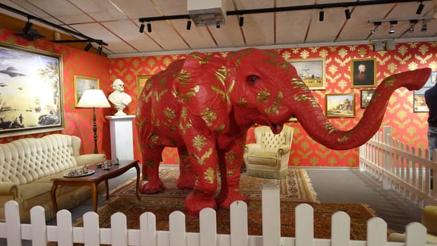 Stockholm, Sweden, December 29 2023. Art exhibition. The mystery of Banksy A genius mind. Elephant.