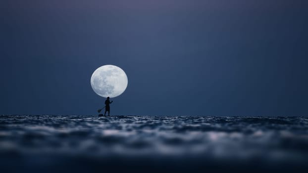 Silhouette of a man on the paddleboard against the rising moon. Paddleboard in the sea at night, side view . Young man on paddle boarding during a beautiful full moon. Paddle-boarding by open water.