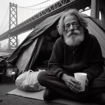 Homeless man under the bridge. generative, AI. High quality illustration