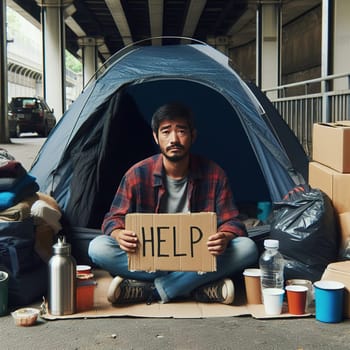Homeless man under the bridge. generative, AI. High quality illustration