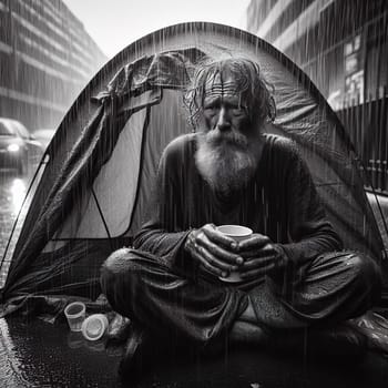 Homeless man in the rain. generative, AI. High quality illustration