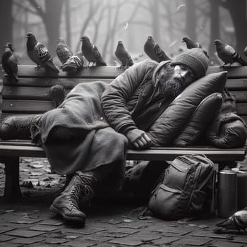 Homeless man sleeping on benches in the park. generative, AI. High quality illustration