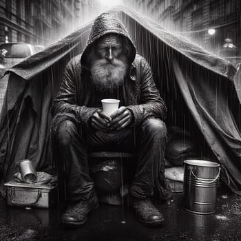 Homeless man in the rain. generative, AI. High quality illustration