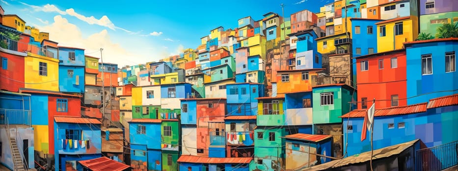 A colorful hillside favela in Brazil, with tightly packed houses in a myriad of bright colors under a blue sky with fluffy clouds. banner