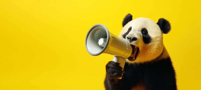 Panda with loudspeaker on yellow background.