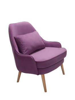 modern purple fabric armchair with wooden legs isolated on white background, side view.