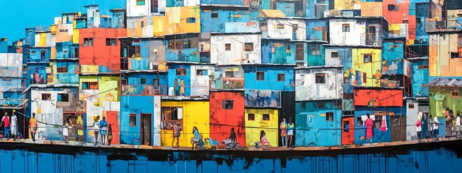 A vivid riverside favela in South America with a patchwork of colorful houses reflecting on the water, people engaging in daily life. banner