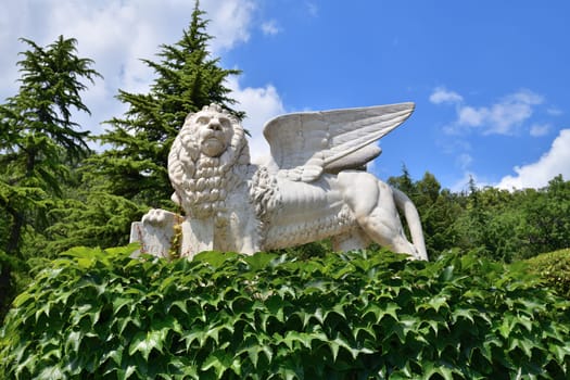 Livadia, Crimea - July 10. 2019.Sculpture of lion with wings in Park of Palace of a Princes Yusupov Palace