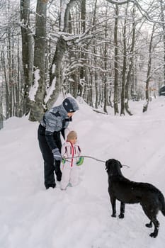 Mom hands out a stick to a black dog while standing with a little girl in a snowy forest. High quality photo