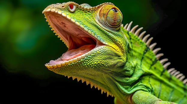 chameleon with its mouth open, displaying a vibrant array of green scales, sharp teeth, and a textured pink interior of the mouth, against a blurred green background