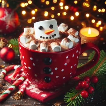 Red mug with hot chocolate with melted marshmallow snowman on xmas lights background.