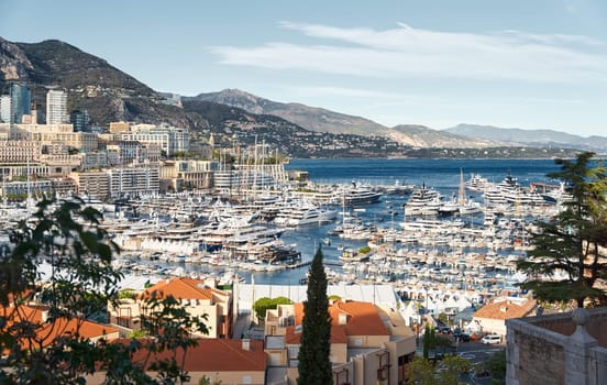 Monaco, Monte Carlo, 28 September 2022 - Top view of the famous yacht show, exhibition of luxury mega yachts, the most expensive boats for the richest people around the world, yacht brokers. High quality photo