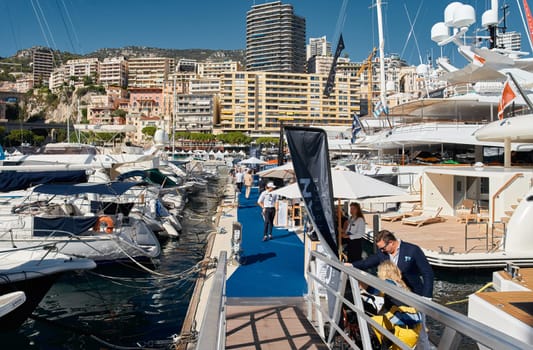 Monaco, Monte Carlo, 28 September 2022 - Top view of the famous yacht show, exhibition of luxury mega yachts, the most expensive boats for the richest people around the world, yacht brokers. High quality photo