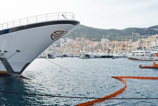 Monaco, Monte Carlo, 29 September 2022 - a lot of luxury yachts at the famous motorboat exhibition, the most expensive boats for the richest people, yacht brokers, boat traffic. High quality photo