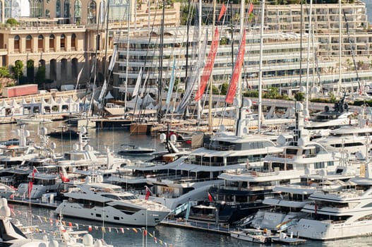 Monaco, Monte Carlo, 01 October 2022 - The famous motorboat exhibition at morning, mega yacht show, novelties of the boating industry. High quality photo