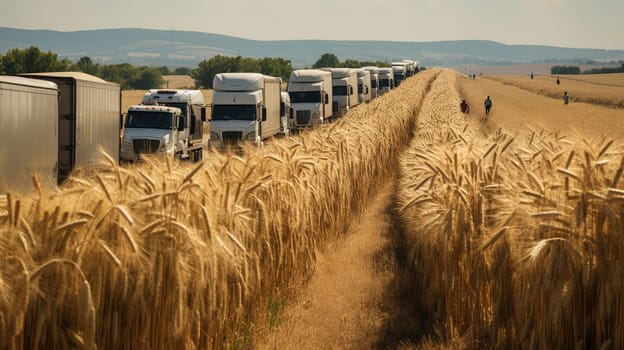 column of heavily loaded trucks with grain stands in the middle of an unharvested wheat field, grain delivery, transportation of essential goods, High quality photo