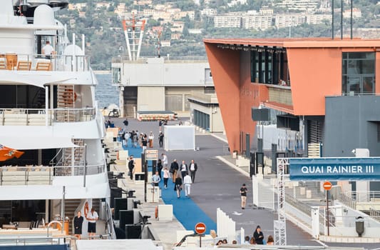 Monaco, Monte Carlo, 29 September 2022 - The famous motorboat exhibition at morning, mega yacht show, novelties of the boating industry. High quality photo