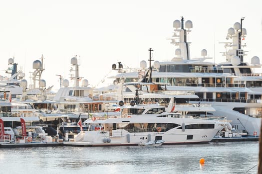 Monaco, Monte Carlo, 01 October 2022 - The famous motorboat exhibition at morning, mega yacht show, novelties of the boating industry. High quality photo