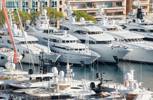 Monaco, Monte Carlo, 01 October 2022 - The famous motorboat exhibition at morning, mega yacht show, novelties of the boating industry. High quality photo