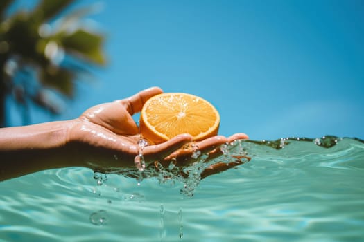 A hand holds half an orange in water. Summer holiday concept.