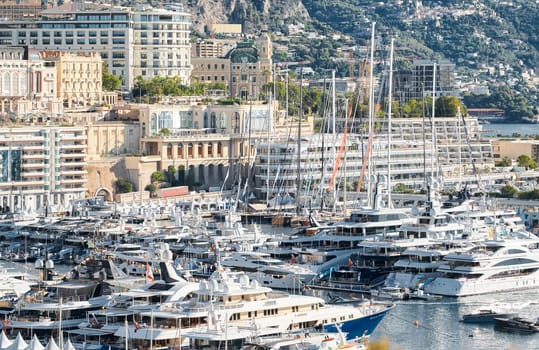 Monaco, Monte Carlo, 01 October 2022 - The famous motorboat exhibition at morning, mega yacht show, novelties of the boating industry. High quality photo