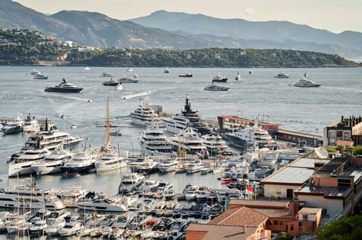 Monaco, Monte Carlo, 01 October 2022 - The famous motorboat exhibition at morning, mega yacht show, novelties of the boating industry. High quality photo