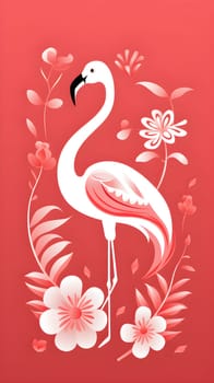 An elegant flamingo surrounded by stylized floral motifs on a vibrant red background - Generative AI