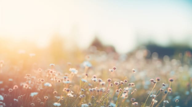 wildflowers on a meadow - Shallow depth of field. Warm summer evening with a prairie in the sunset light - generative AI