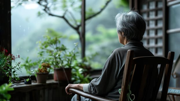 Memory Loss. Back View Lonely Old Asian Woman With Gray Hair Sits In Chair in Dark Room with Potted Flowers. Later life, Aging Crisis Or Alzheimer Disease Concept. AI Generated. Horizontal Plane.