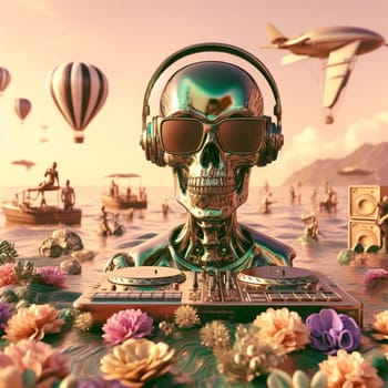 metallic alien dj with human skull, wearing glasses earphone dj of beach party in tropical island generative ai art