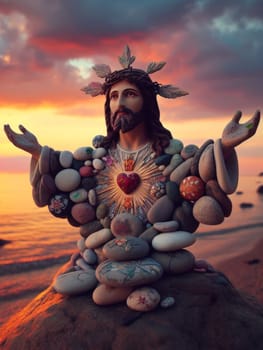 Sculpture of Jesus Christ made of pebbles at the beacj at sunset, asking for peace stop war concept ai generated